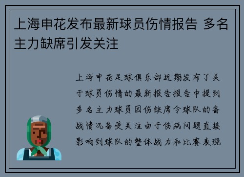 上海申花发布最新球员伤情报告 多名主力缺席引发关注